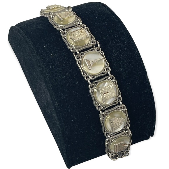 VTG silver PARIS FRANCE FRENCH Eiffel tower lucite link panel tourist bracelet - Picture 2 of 12